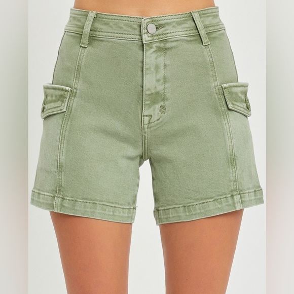Risen Jeans Pants - Risen High-Rise Olive Green Cargo Denim Shorts